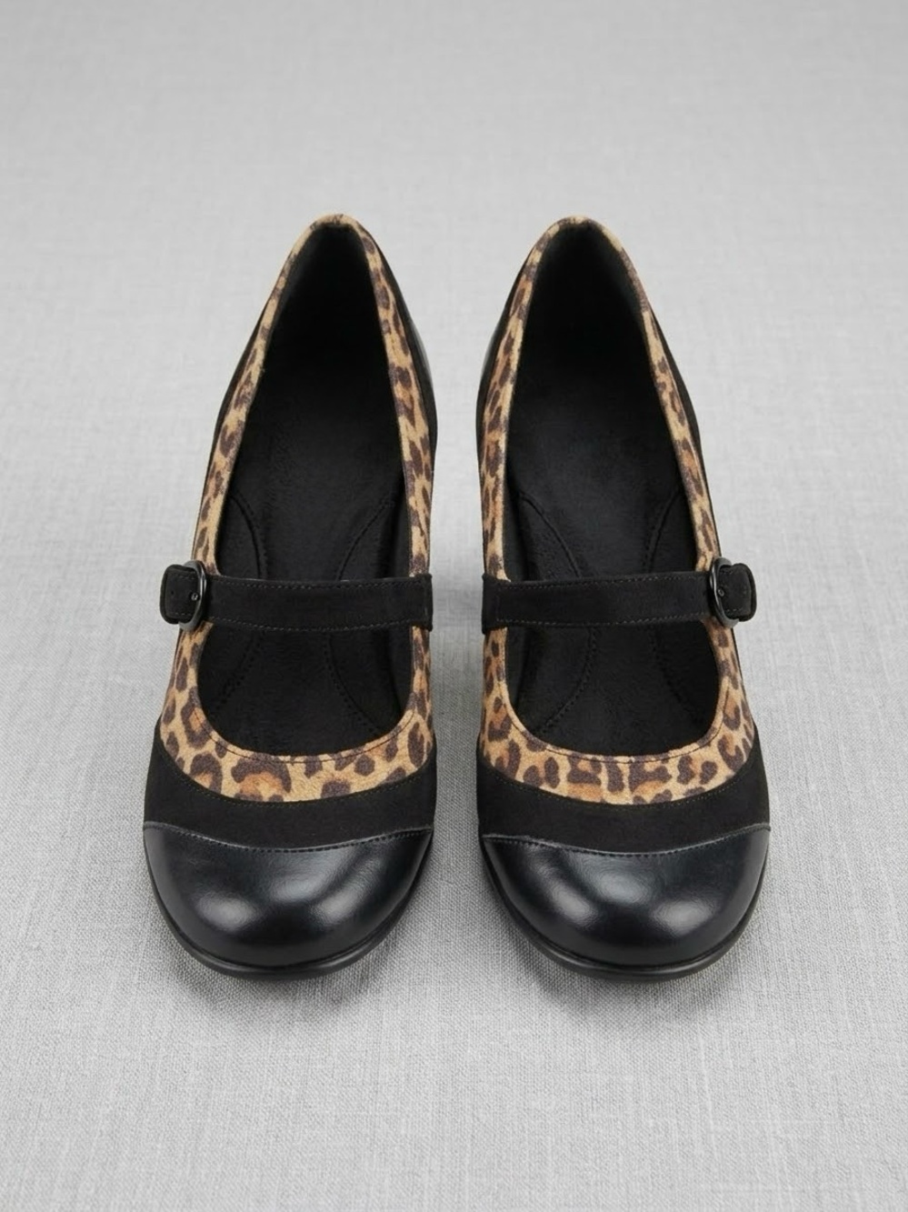 AEROSOLES Black and Leopard Print Mary Jane Heels